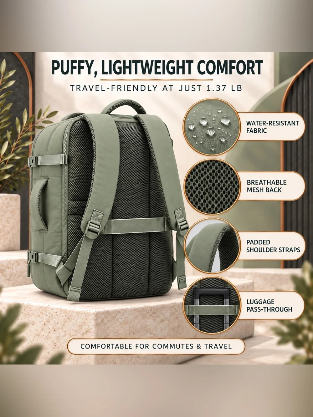 Puffer Travel Backpack 18x14x8 Personal Item 17.3” Laptop Beige